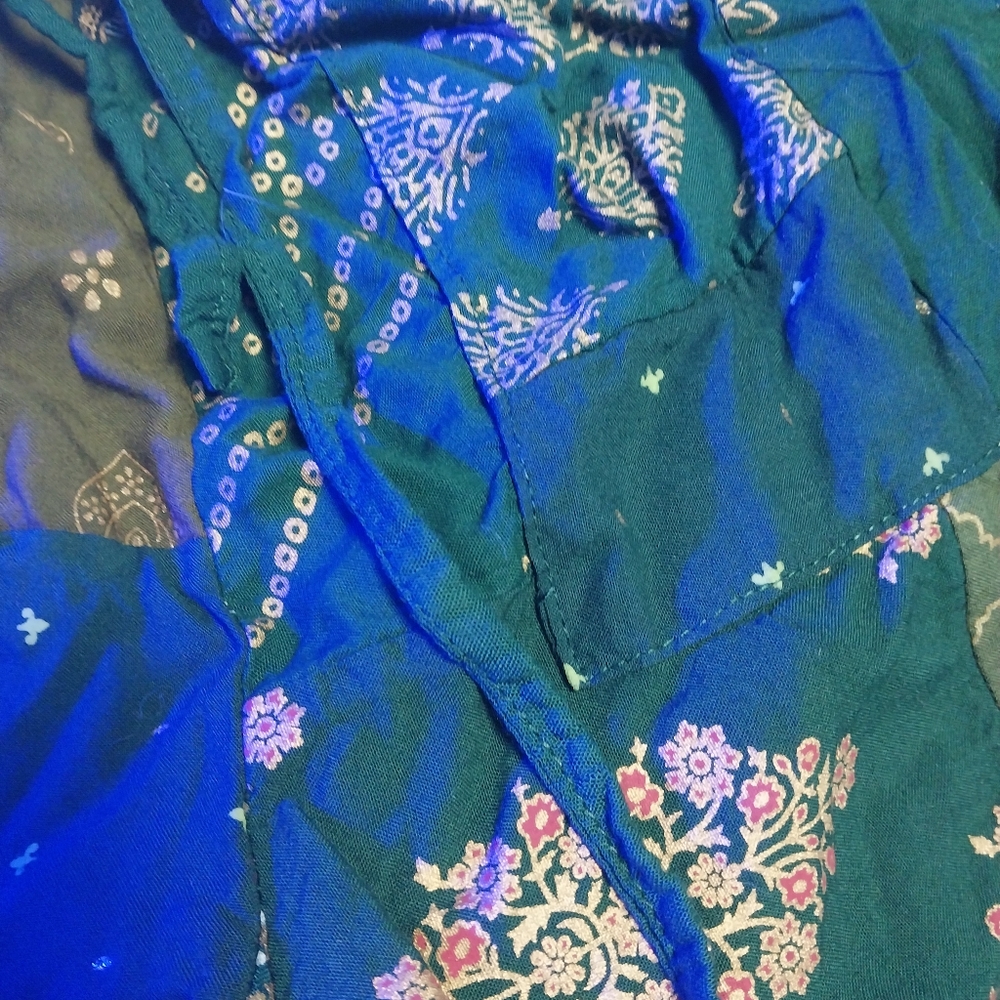 Elastic waist patchwork sari rayon shorts forest greens